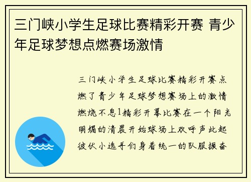 三门峡小学生足球比赛精彩开赛 青少年足球梦想点燃赛场激情